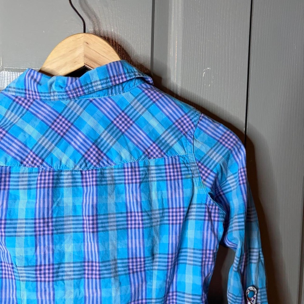 Mossimo Supply Co Blue Plaid Button Up Shirt Long Sleeve Roll Tab Women Size L - Picture 4 of 5